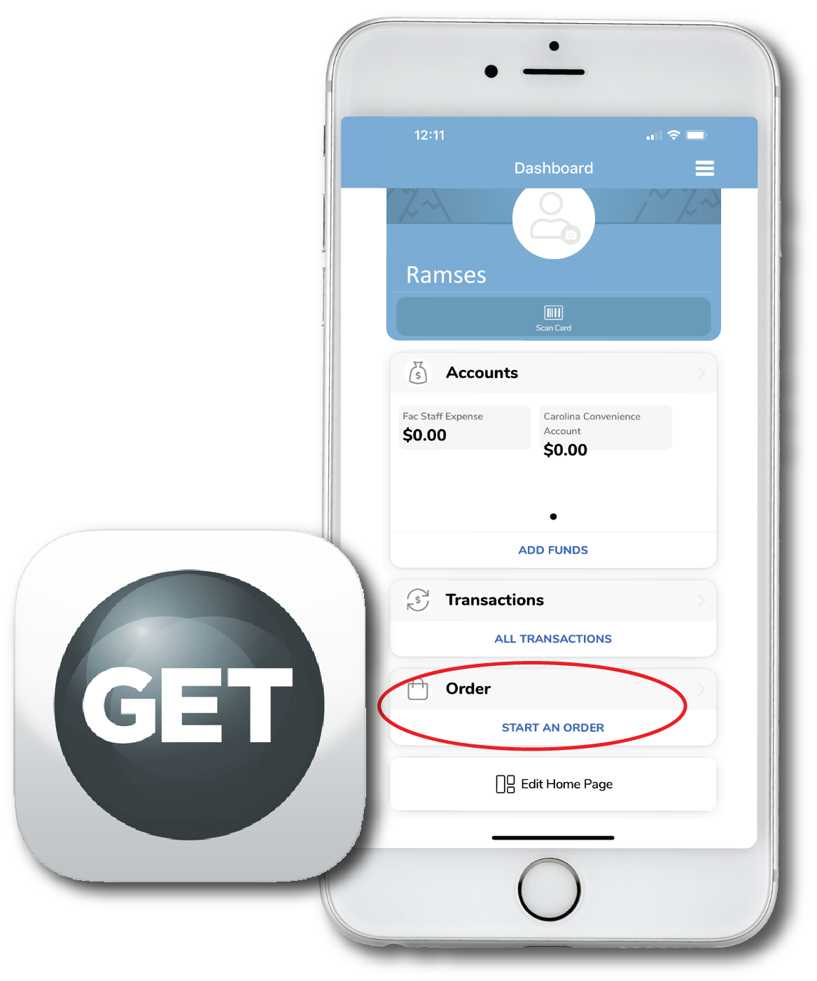 The GET logo on top of a cut out of an iPhone with the GET mobile app on the screen with a red circle around the ordering section.